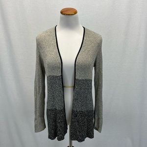 Eileen Fisher Black Gray Color Block Wool Organic Linen Open Front Cardigan Sz M